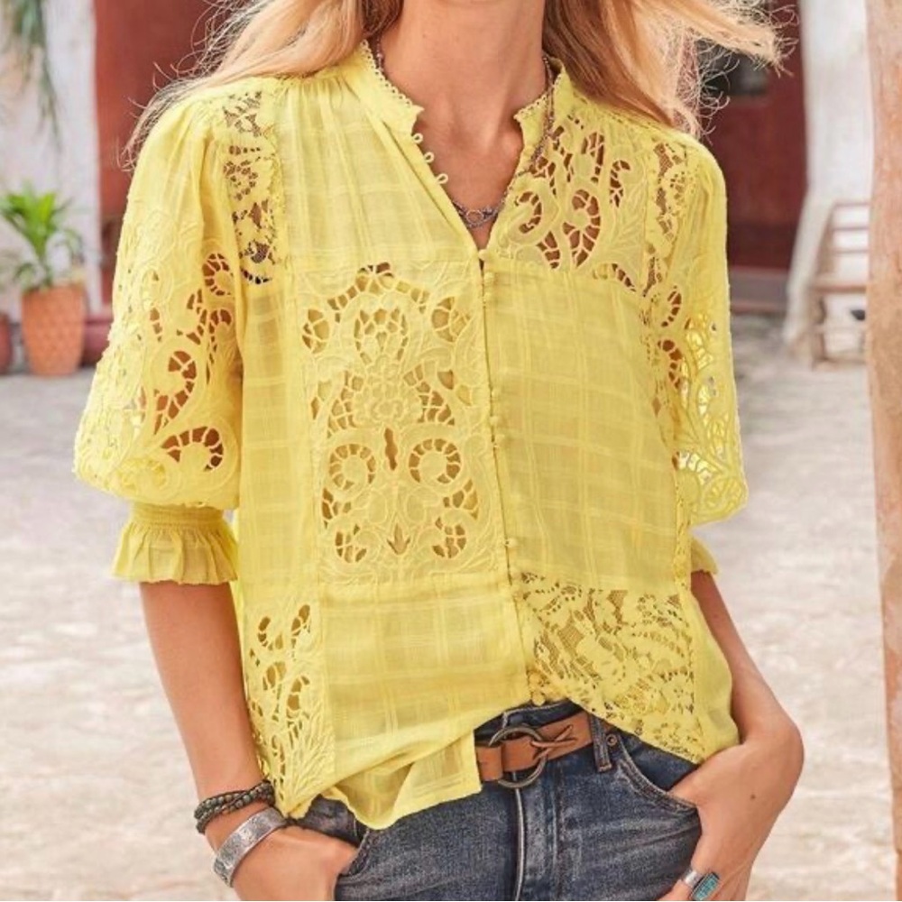 SOLD Sundance Garbo Eyelet Lace Top Button Down Viscose NWT Yellow M Patchwork